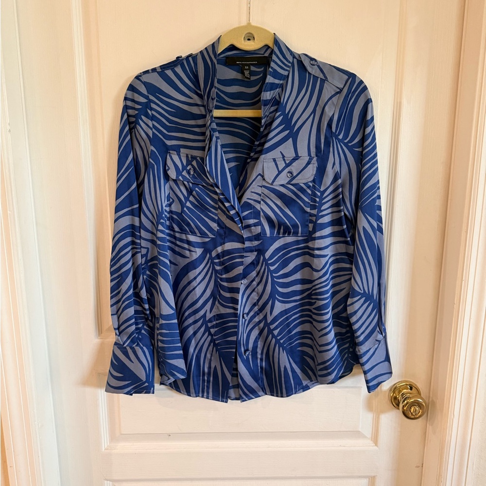 White House Black Market Blue Zebra-Print Button Front Blouse